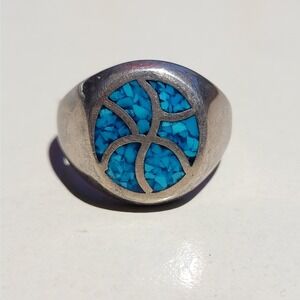 925 Sterling Silver Vintage Turquoise Inlay Signet Ring Size 11 Silver Round 14g